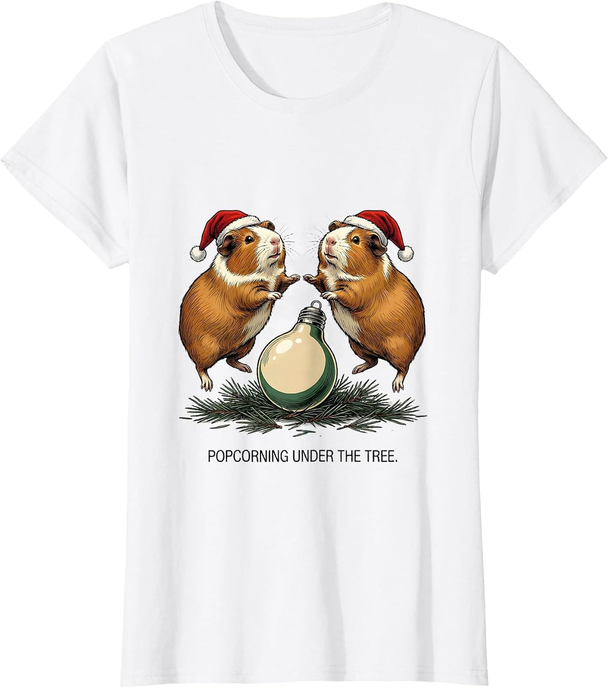 Women's Popcorning Under The Tree Funny Guinea Pig Christmas Santa T-Shirt - White