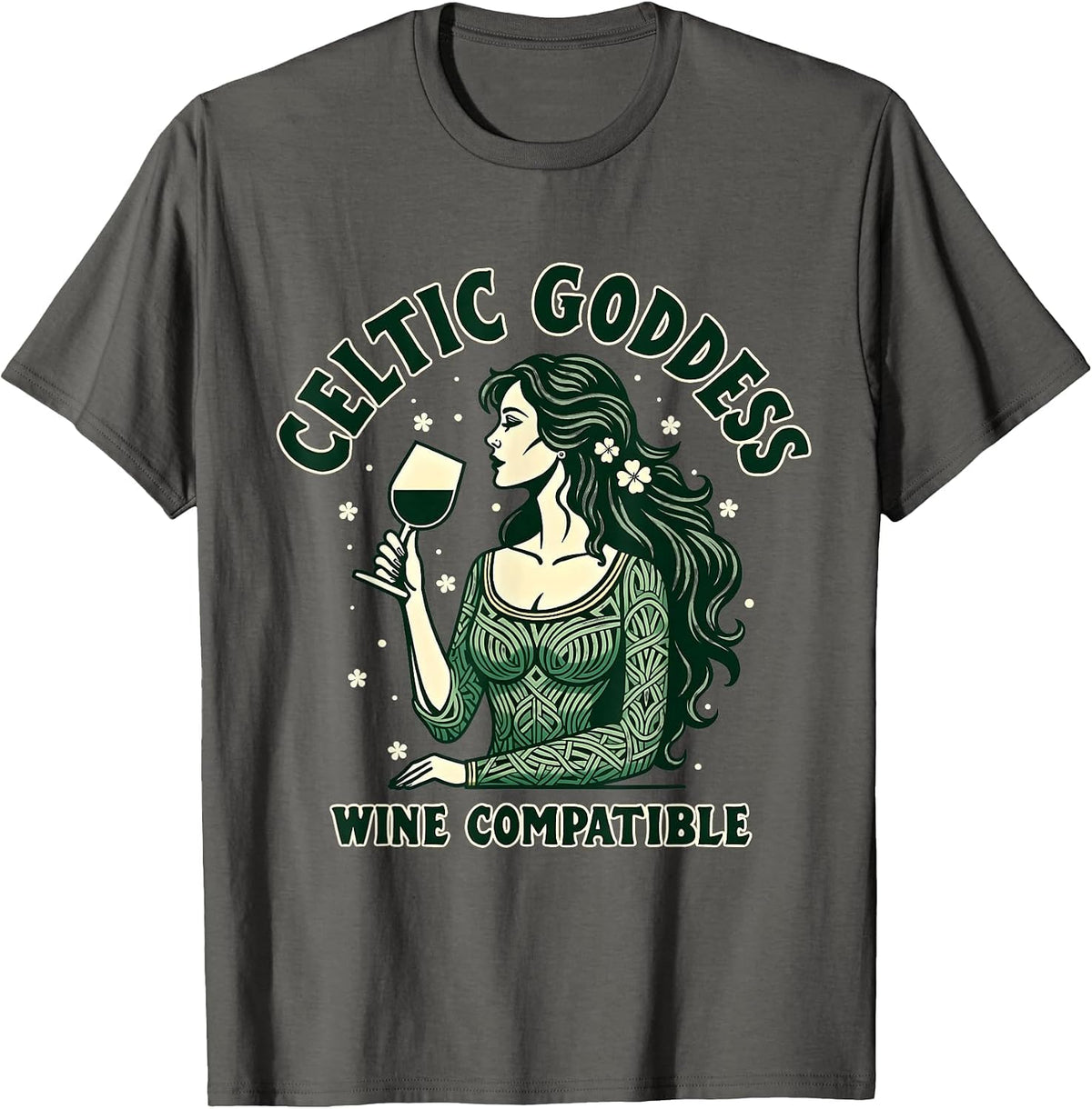 Celtic Goddess Wine Compatible St Patrick's Day T-Shirt - Asphalt Grey