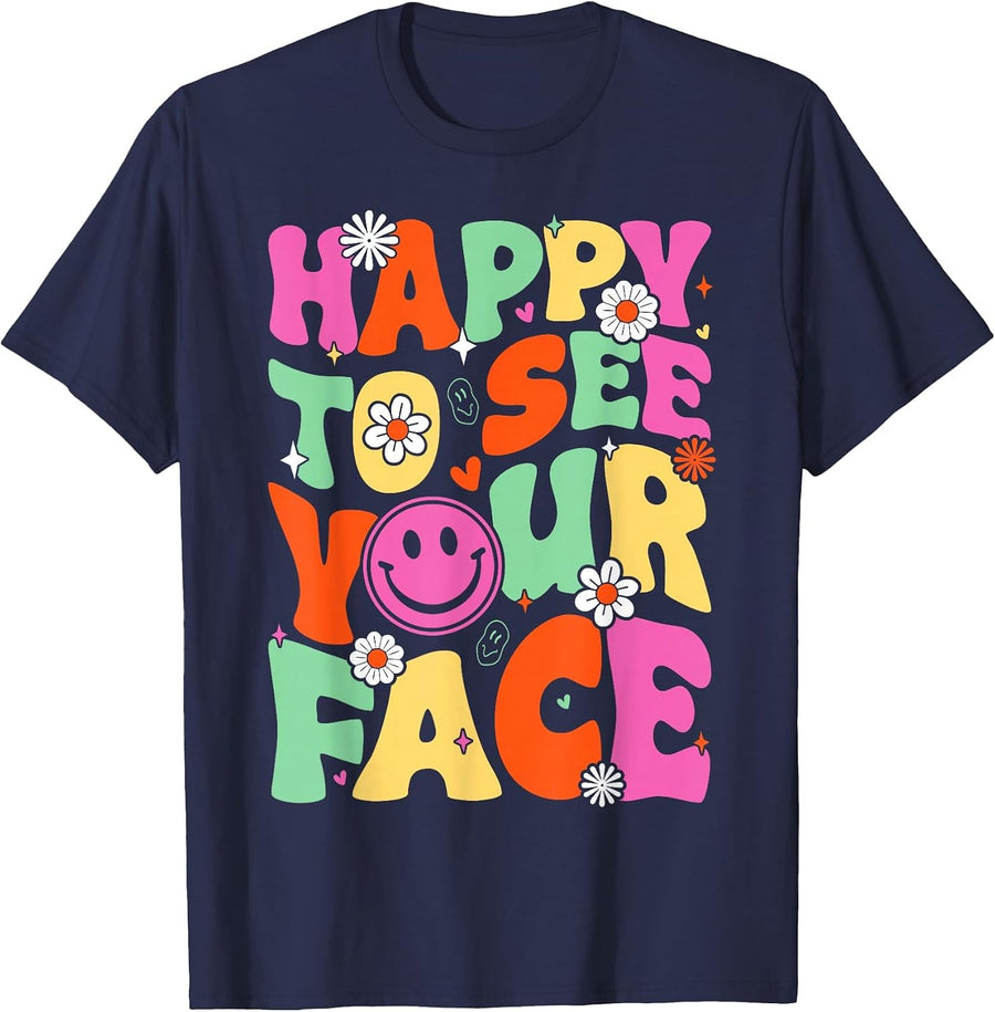Retro Groovy Happy to See Your Face Back to School Teacher T-Shirt - Navy Blue