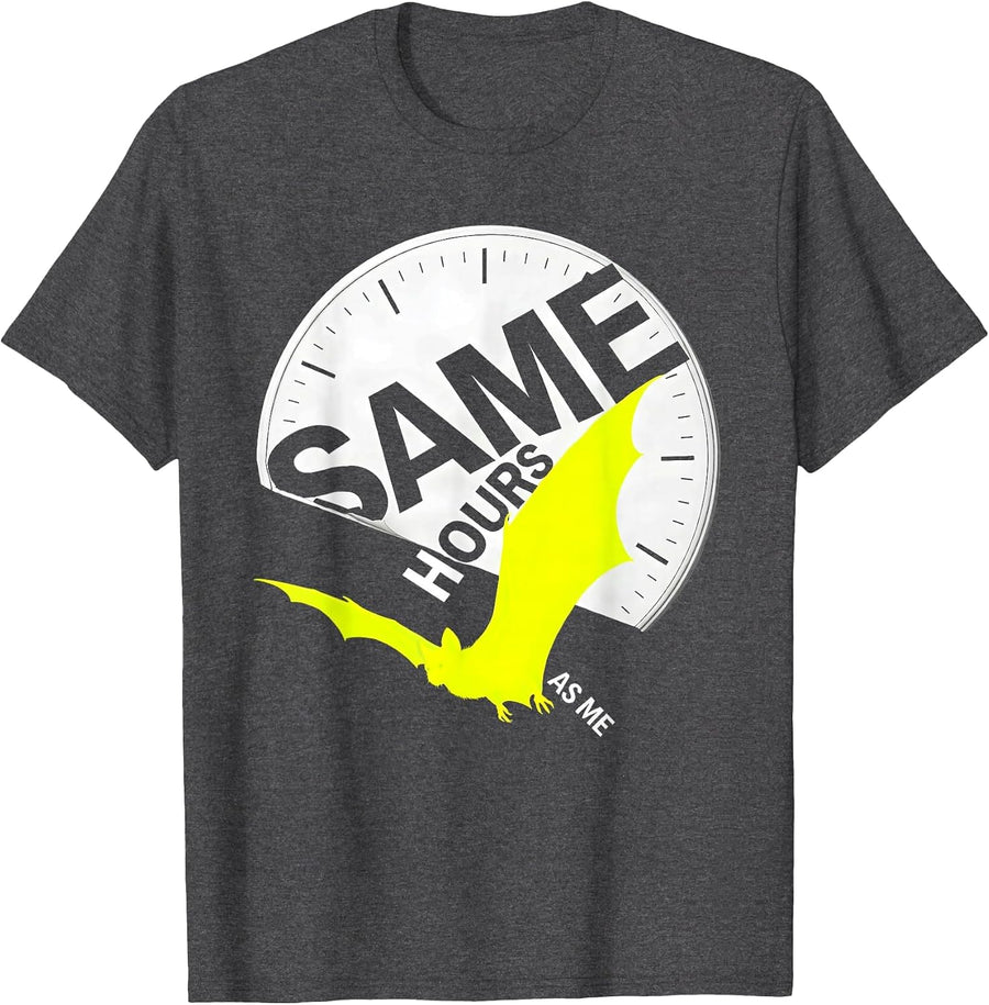 Men's Same Hours As Me Whimsical Bat Lover Wildlife Conservation T-Shirt - Dark Heather Grey