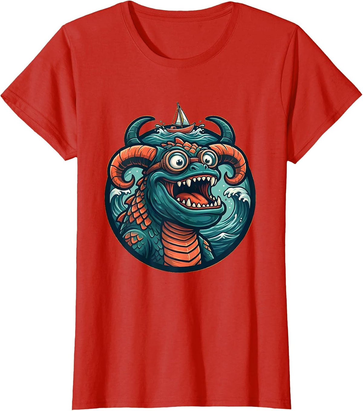 Women's Hawaiian Sea Monster Rising Beneath Small Boat T-Shirt - Red