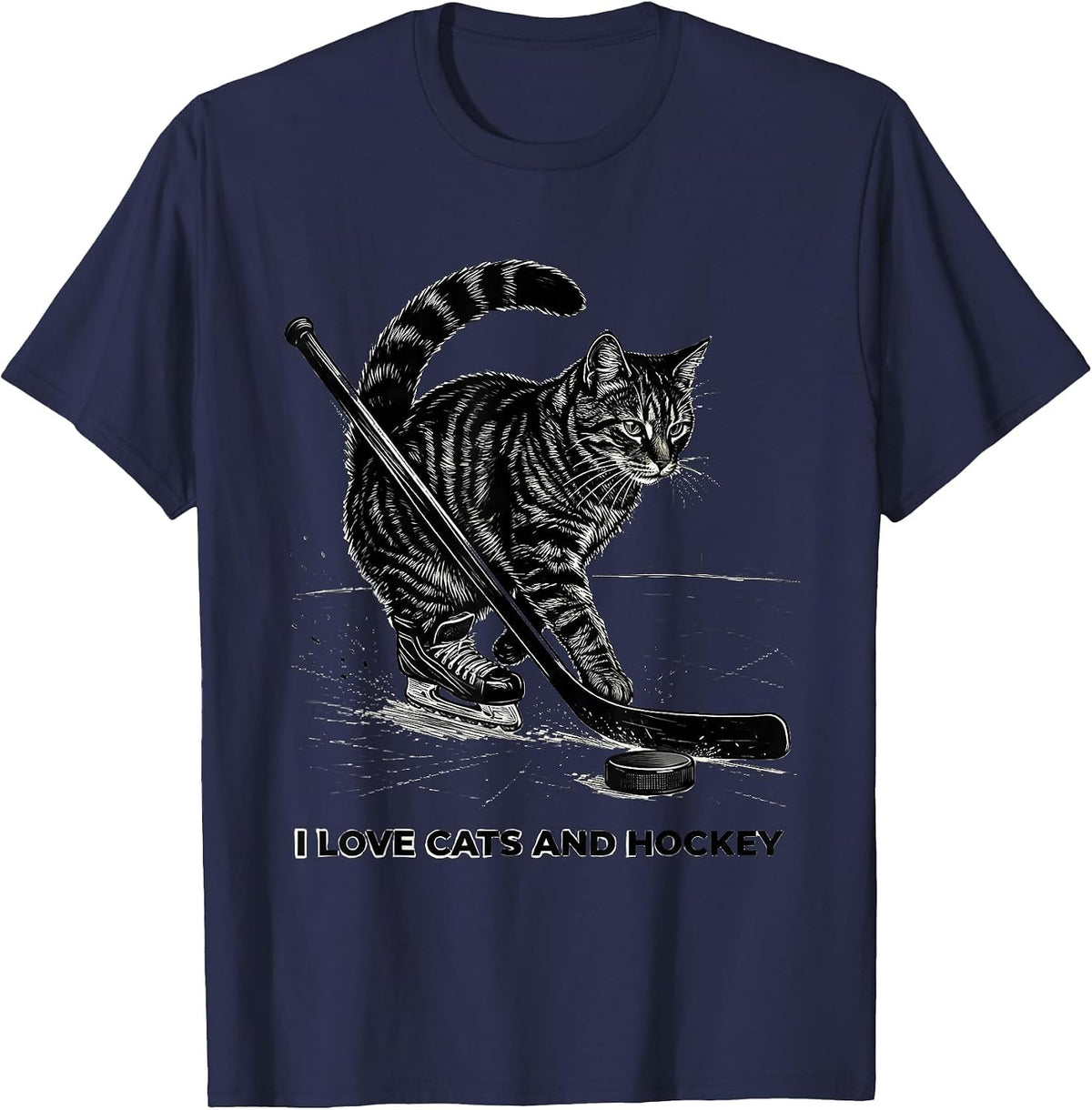 Men's I Love Cats And Hockey Funny Cat Lover Hockey Fan Novelty T-Shirt - Navy Blue