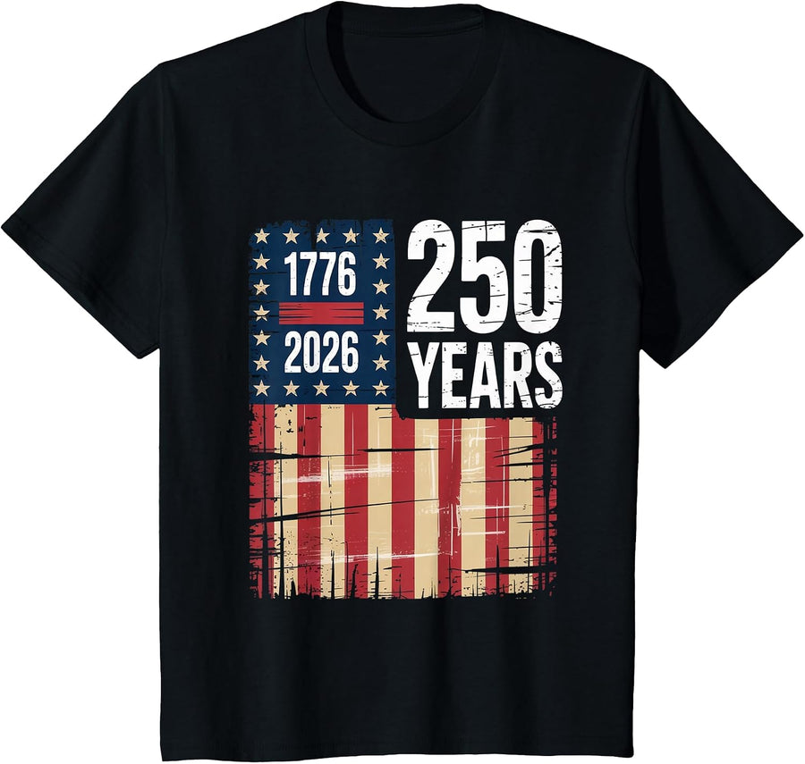 1776 2026 250 Years Anniversary Distressed US Flag Shirt T-Shirt - Black