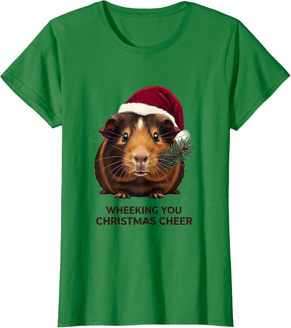 Women's Wheeking You Christmas Cheer Funny Guinea Pig Santa Hat T-Shirt - Kelly Green