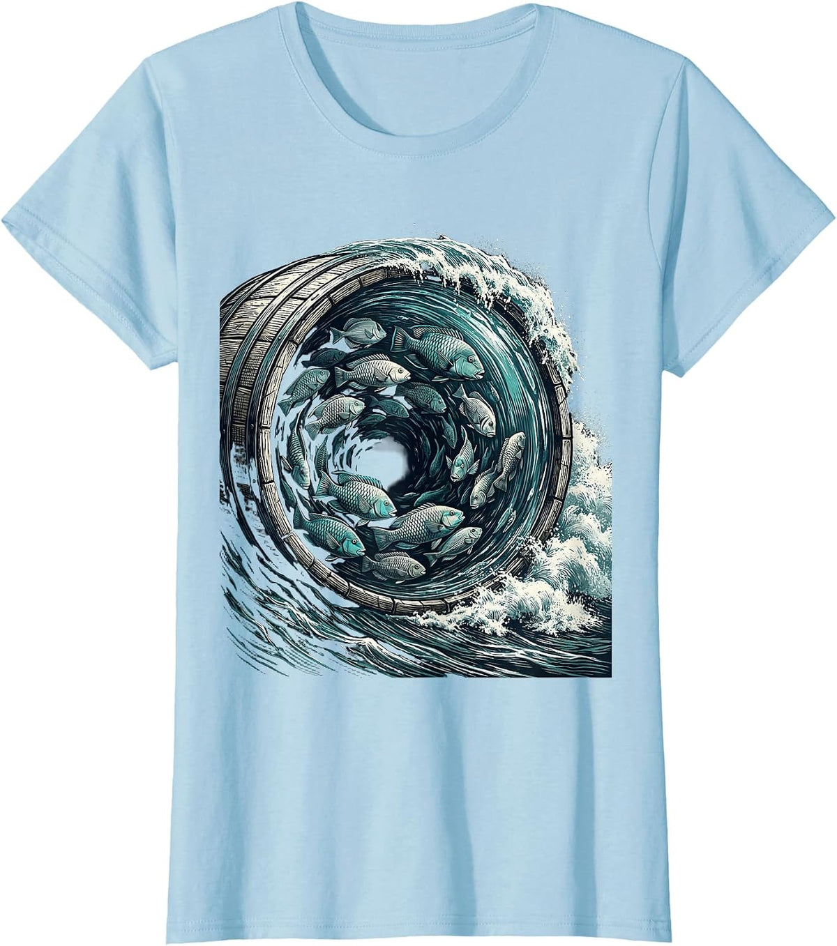 Tropical Fish Schooling Inside a Hollow Wave T-Shirt - Baby Blue