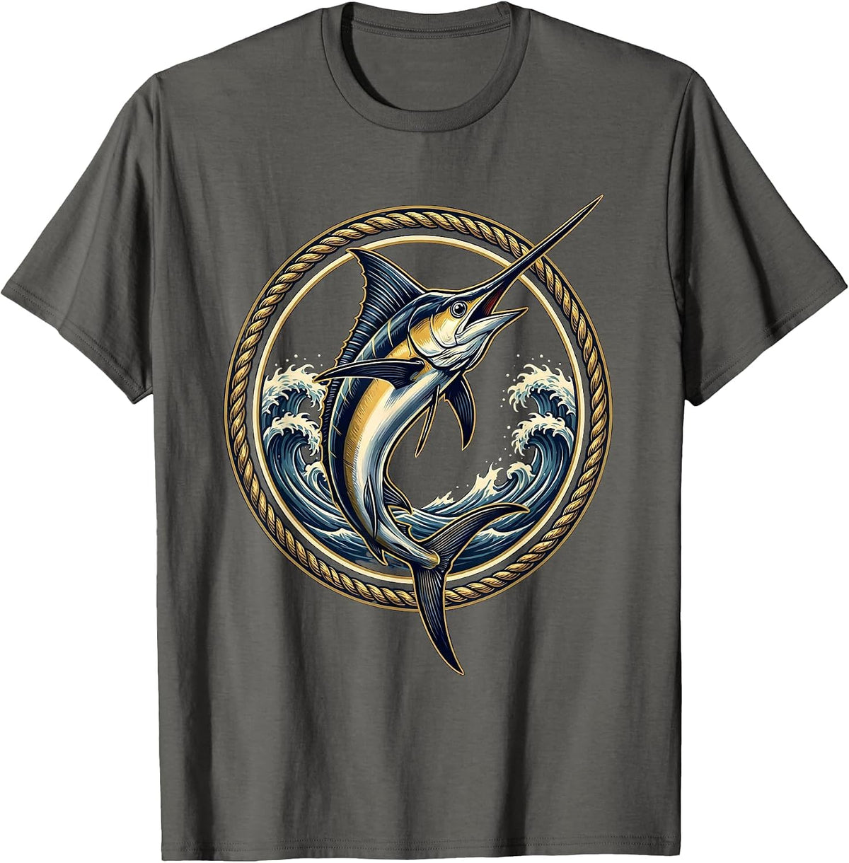 Men's Marlin Leaping Ocean Waves Hawaiian Design T-Shirt - Asphalt Grey