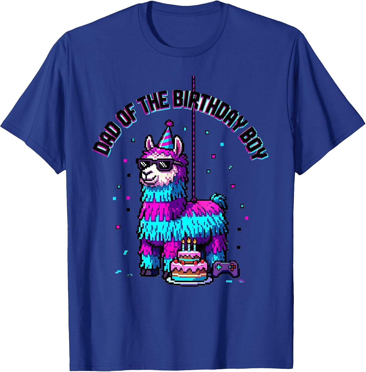 Men's Dad Of The Birthday Boy Pixel Art Llama Piñata Gamer Party T-Shirt - Royal Blue