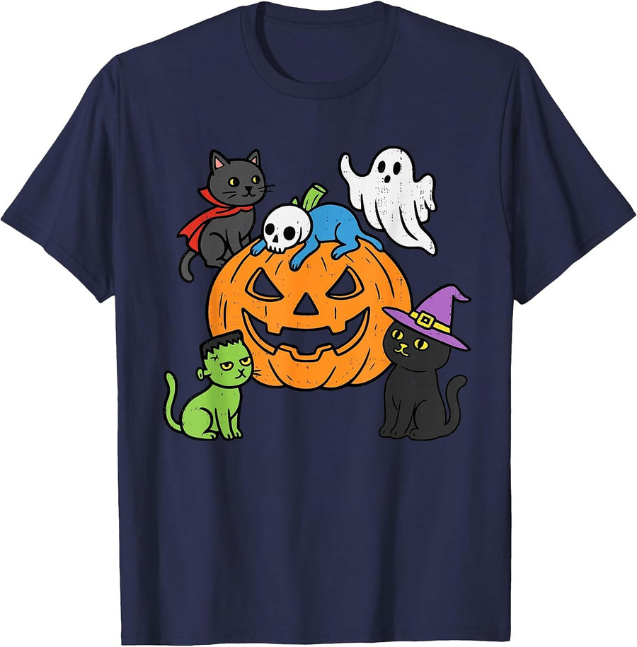 Halloween Cats Pumpkin Witch Vampire Spooky Kitty Costume T-Shirt - Navy Blue