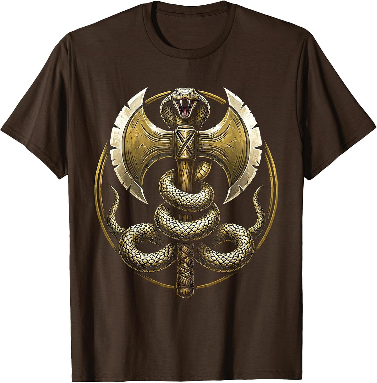 Serpent and Double-Headed Axe Heavy Metal Design T-Shirt - Brown