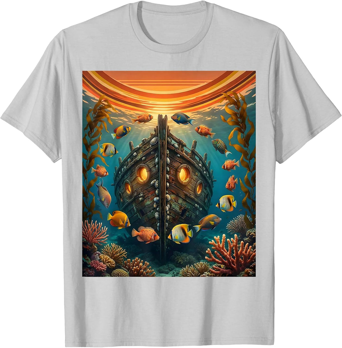 Men's Tropical Fish Sunken Shipwreck Hawaiian Design T-Shirt - Silver Grey