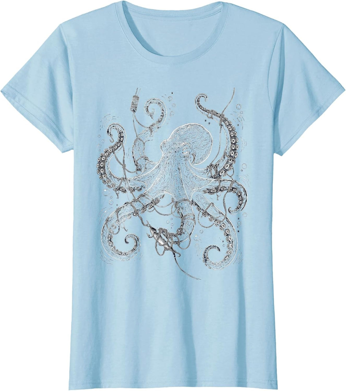 Octopus Tangled in Fishing Line Underwater T-Shirt - Baby Blue