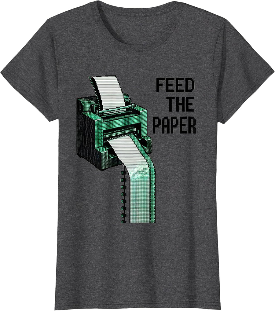 Women's Feed The Paper Pixel Art 80s 90s Nostalgia Humor T-Shirt - Dark Heather Grey