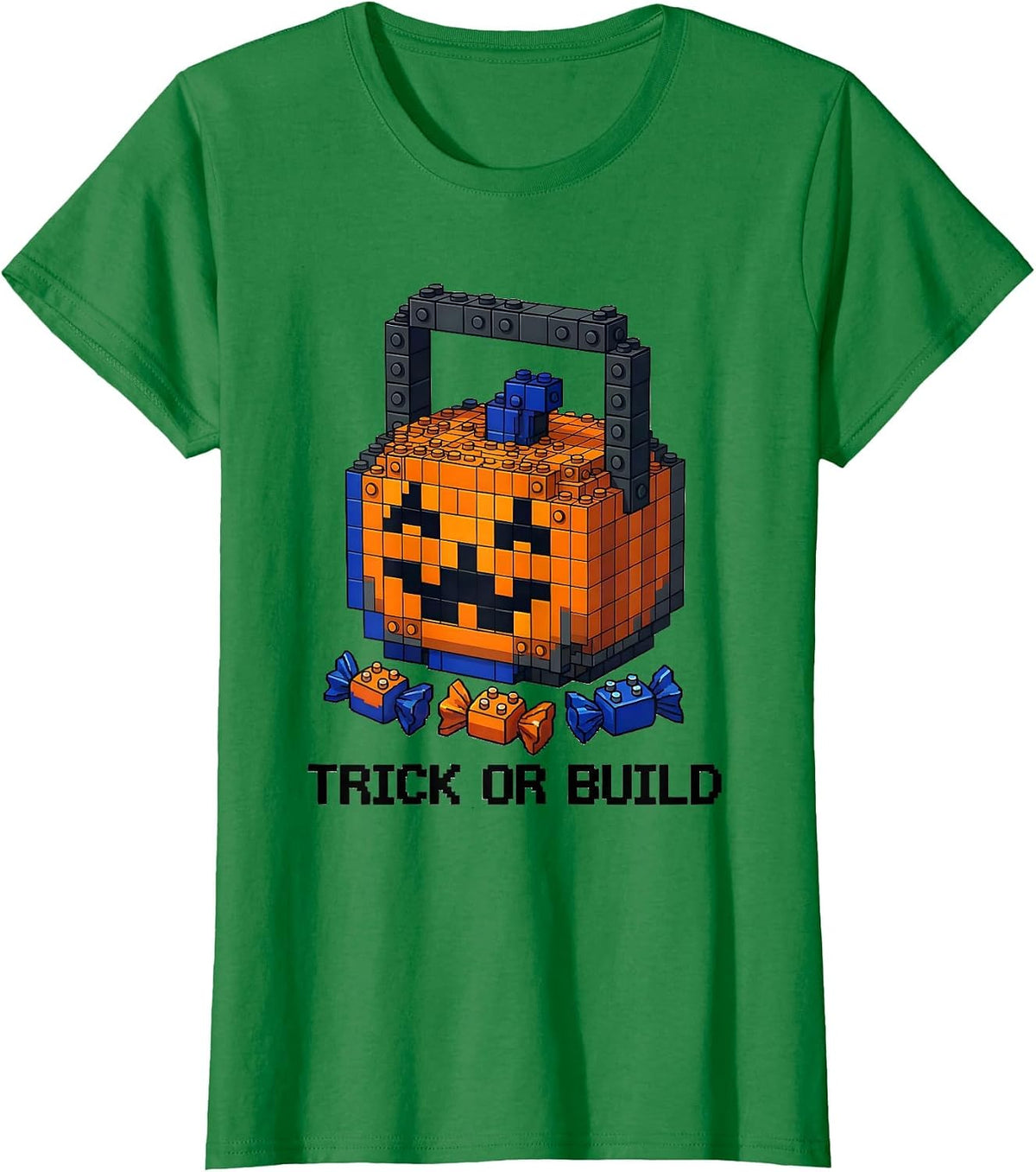 Women's Trick Or Build Pixel Art Halloween Building Blocks Costume T-Shirt - Kelly Green