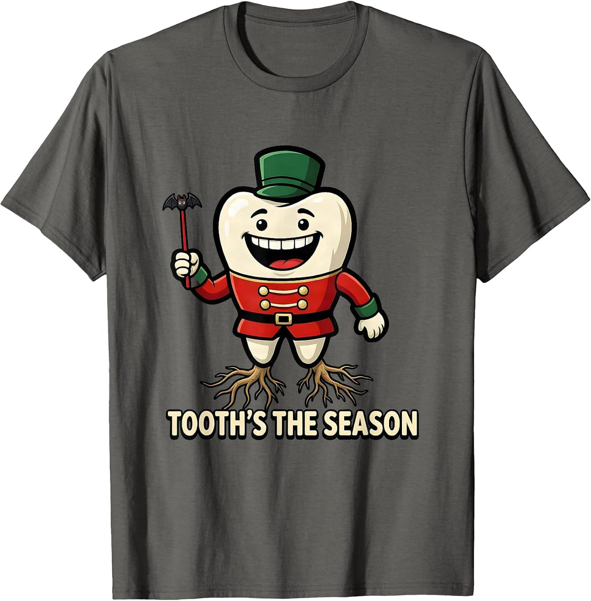 Men's Tooth's the Season Funny Cartoon Dentist Christmas Dental T-Shirt - Asphalt Grey