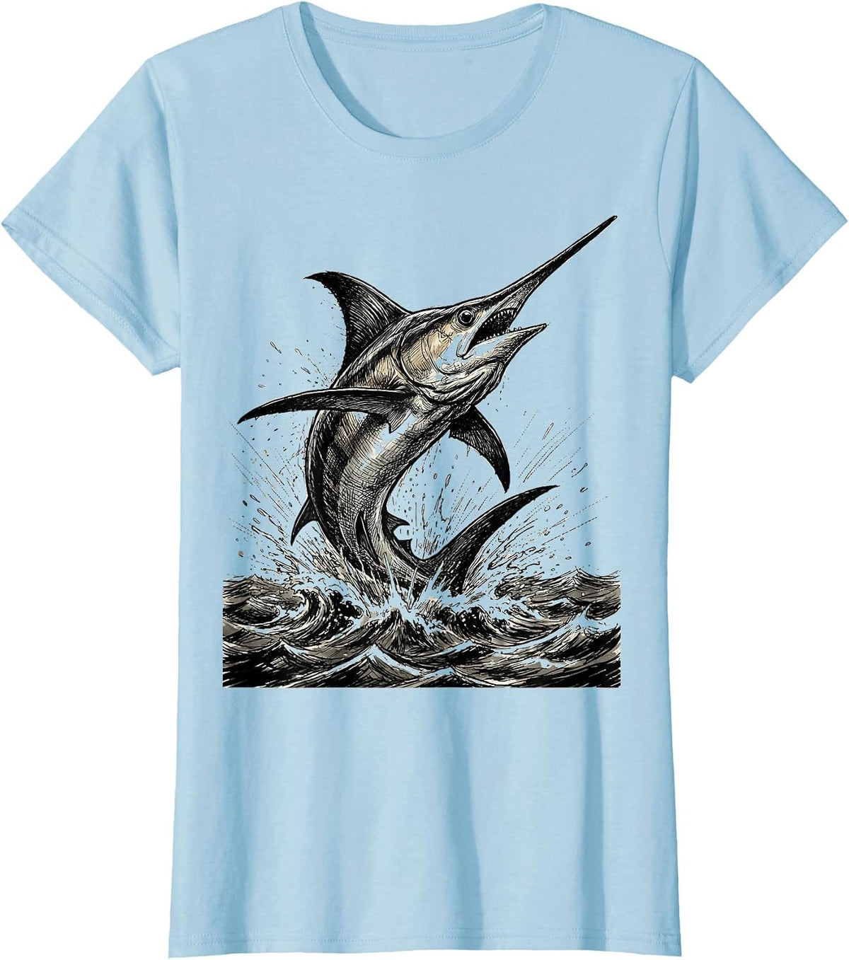 Muscular Swordfish Breaching Ocean Surface T-Shirt - Baby Blue