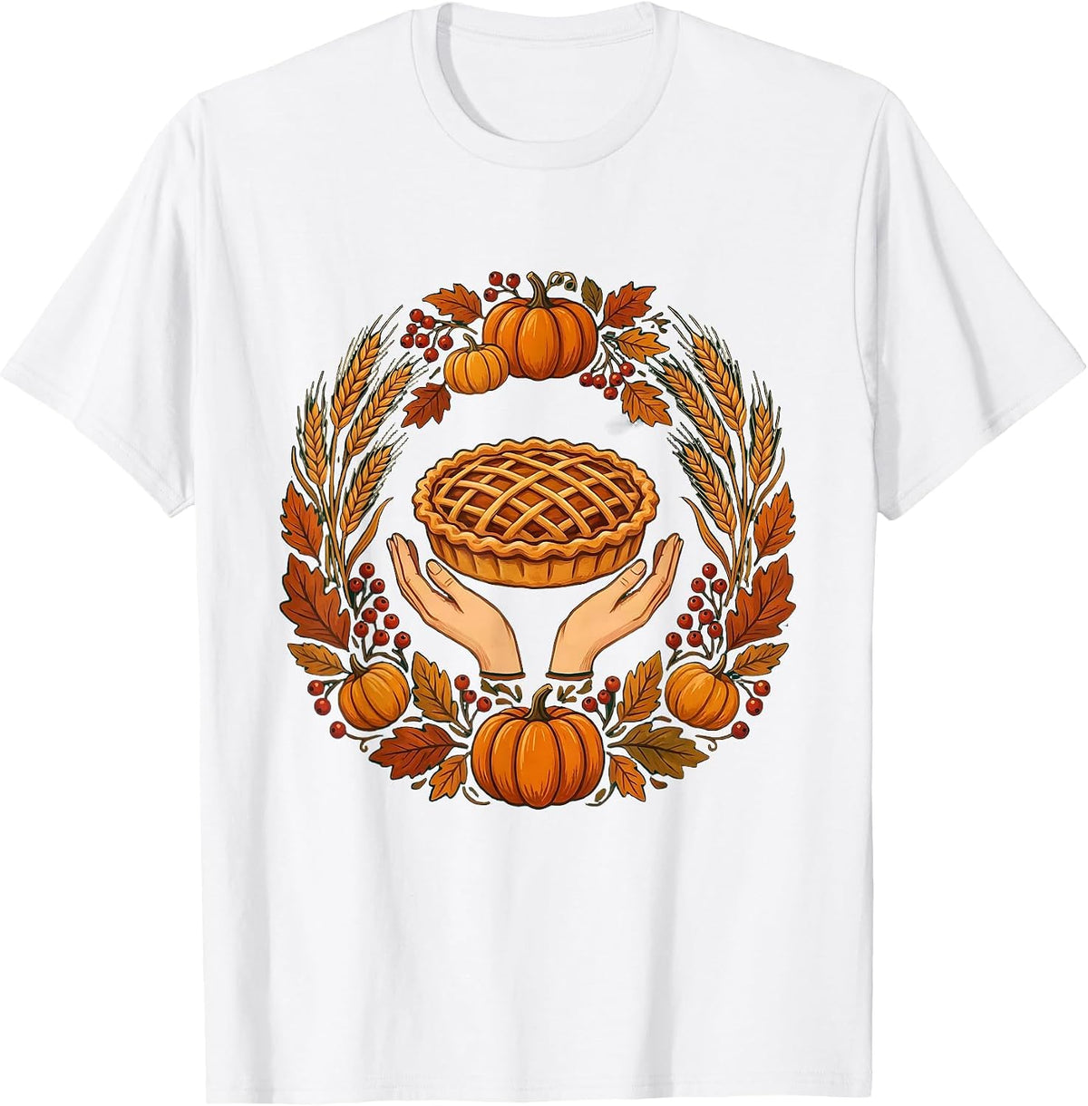 Men's Thanksgiving Pie Cradling Hands Graphic Design T-Shirt - White