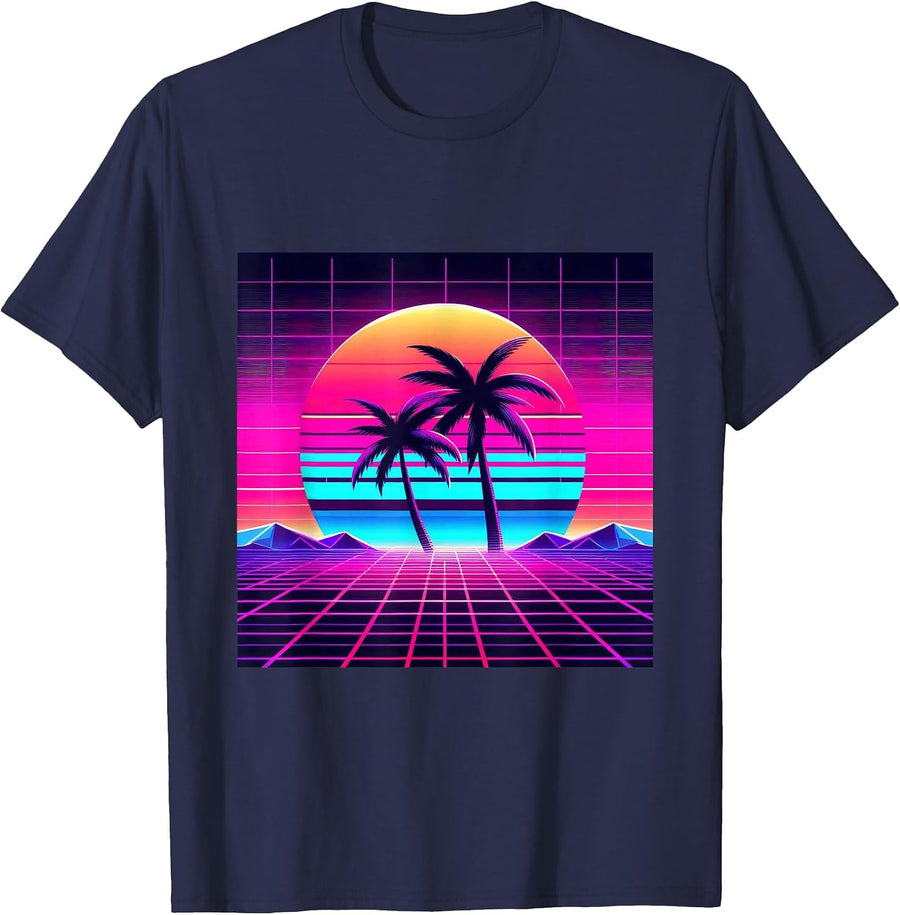 Synthwave Retro Vaporwave Tropical Palm Trees Sunset 90s Art T-Shirt - Navy Blue