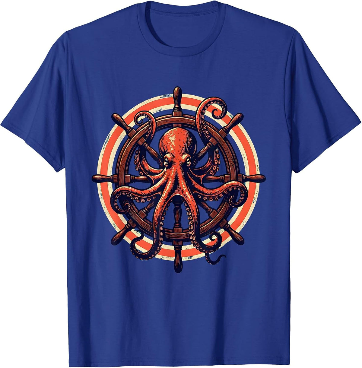 Men's Octopus Tangled Around Ship Steering Wheel T-Shirt - Royal Blue