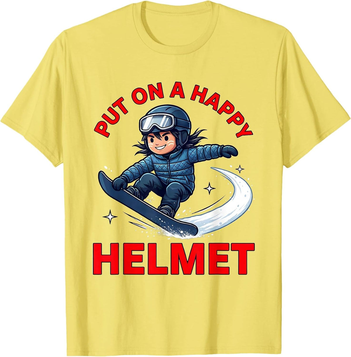 Men's PUT ON A HAPPY HELMET Funny Snowboarder Snow Sports Winter T-Shirt - Lemon Yellow