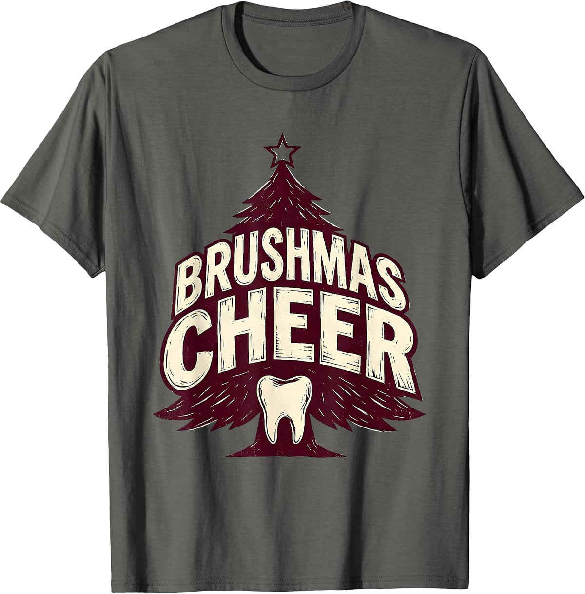 Brushmas Cheer Linocut Dental Office Holiday Humor T-Shirt - Asphalt Grey