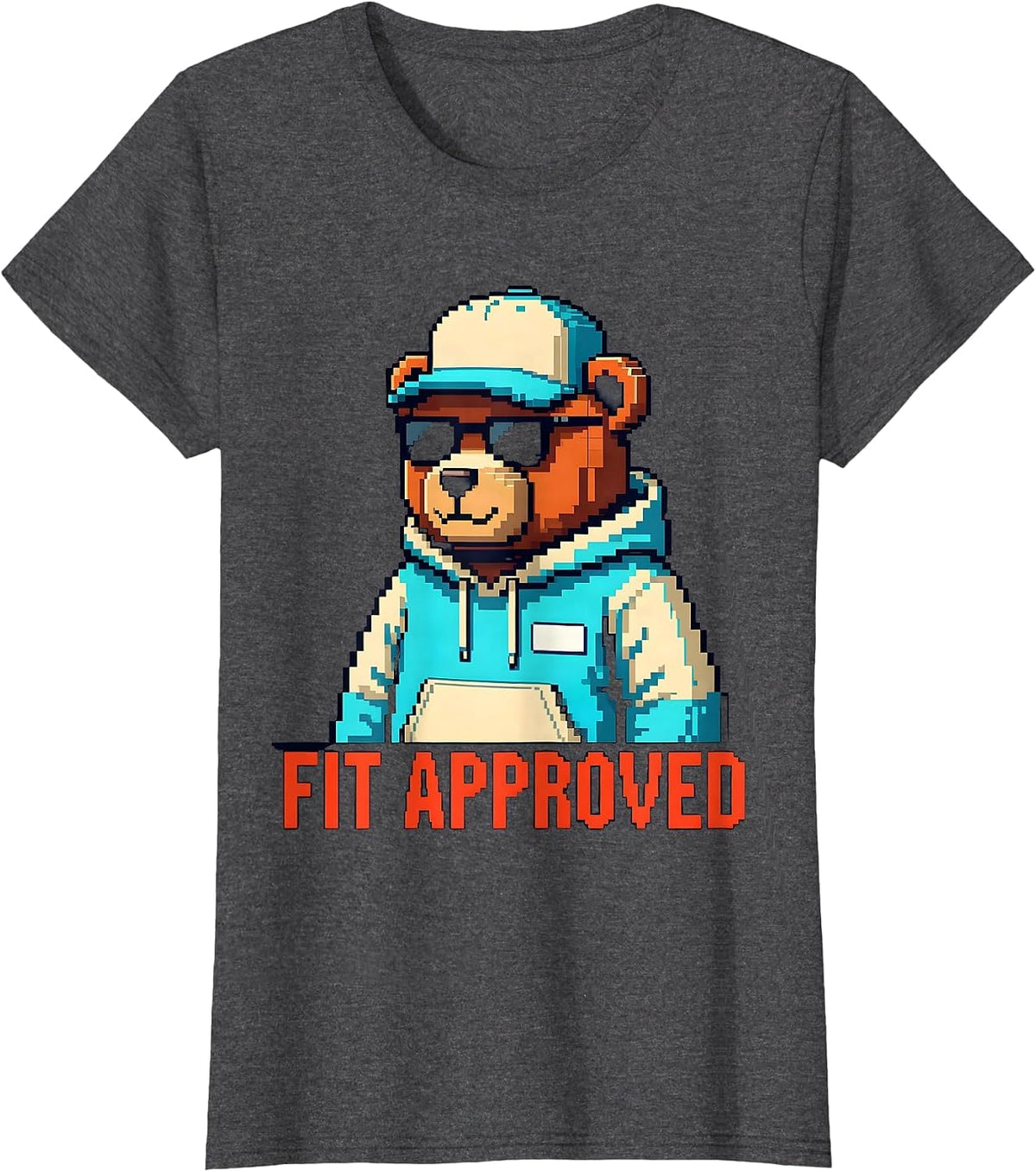 Women's Fit Approved Pixel Art Teddy Bear Hip Hop Streetwear Cute T-Shirt - Dark Heather Grey