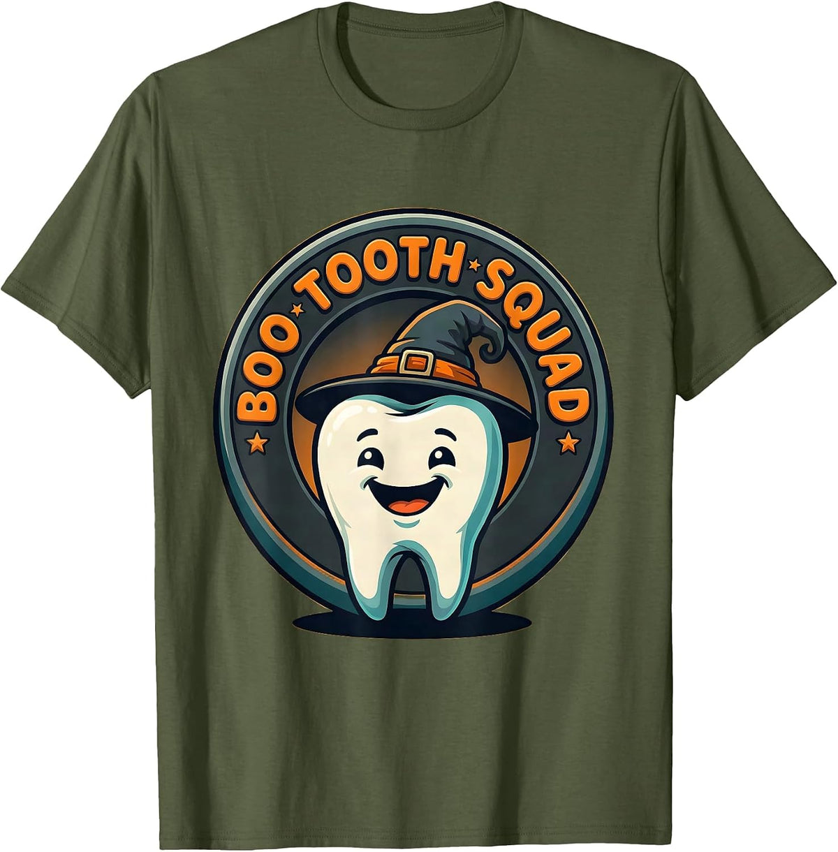 Men's Boo Tooth Squad Cartoon Halloween Dentist Dental Team Humor T-Shirt - Olive Green