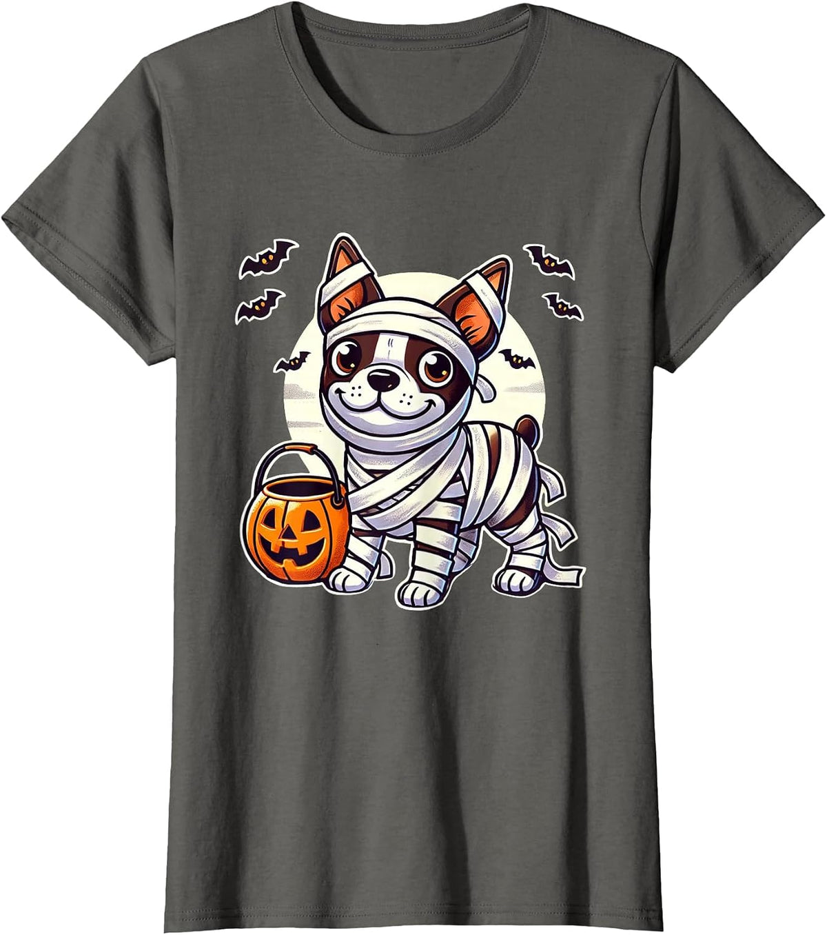 Boston Terrier Halloween Mummy Cute Boston Terrier T-Shirt - Asphalt Grey