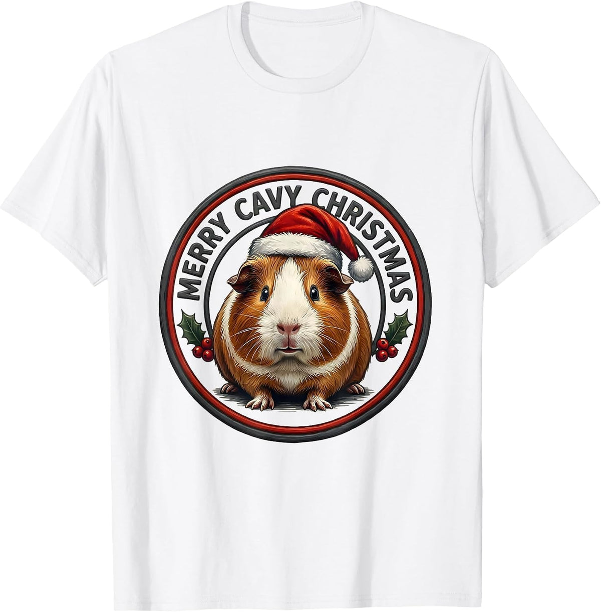 Men's Merry Cavy Christmas Funny Guinea Pig Santa Hat Holiday T-Shirt - White