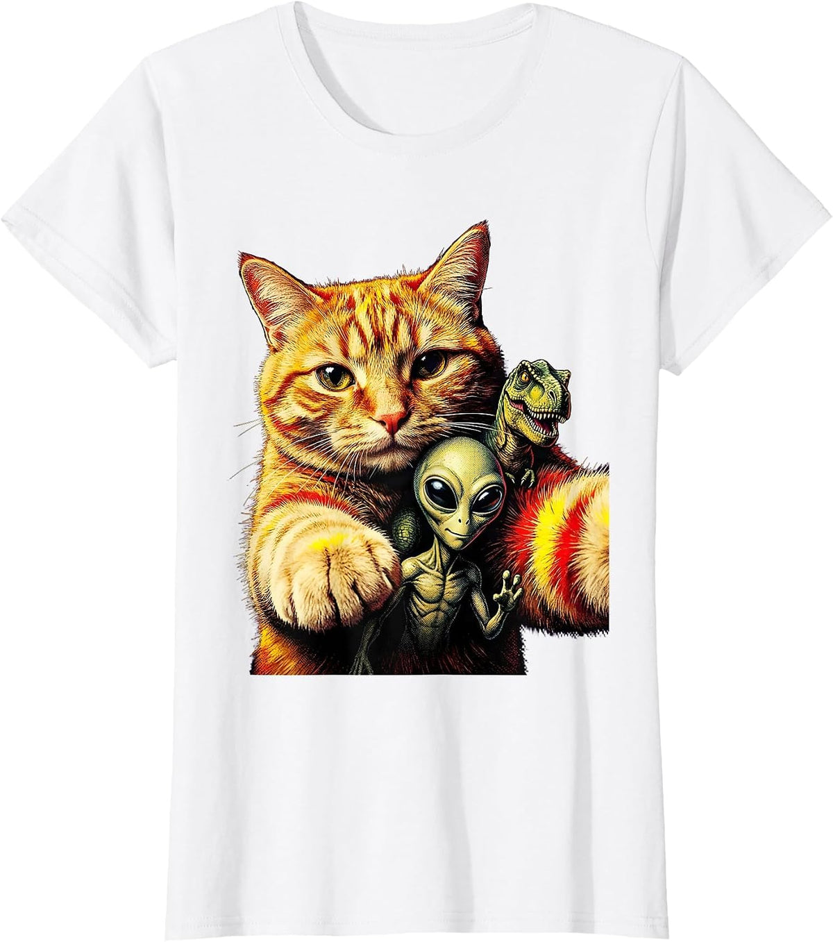 Oversized Cat Selfie Alien Dinosaur Pulp Cover Novelty T-Shirt - White