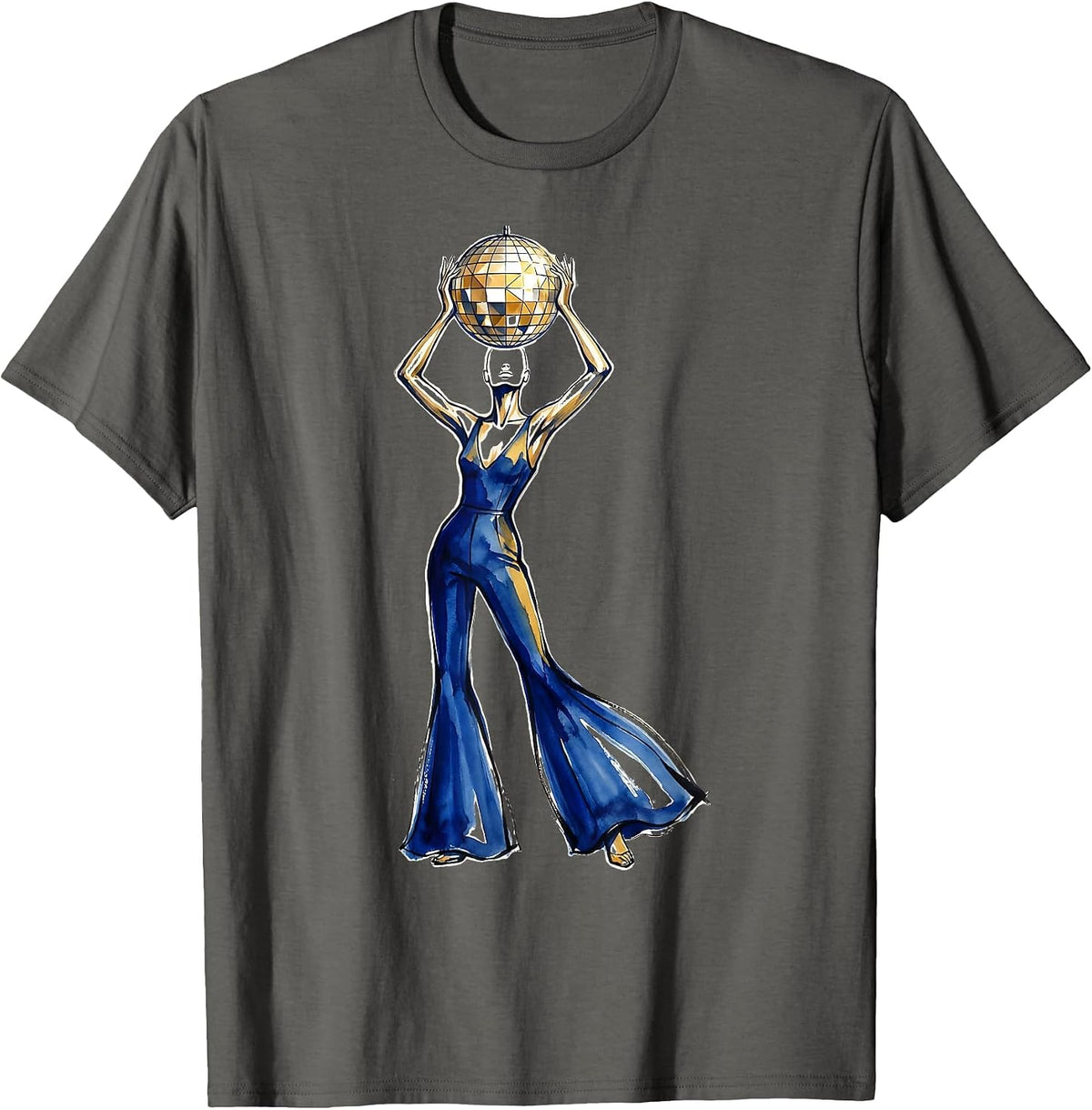 Disco Ball Raised Hands Retro Dance Graphic T-Shirt - Asphalt Grey