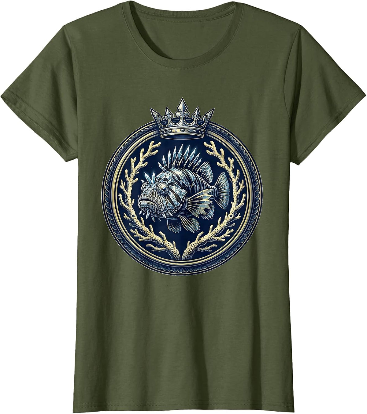 Women's Deep Sea Fish Salt Crystal Scales Illustration T-Shirt - Olive Green