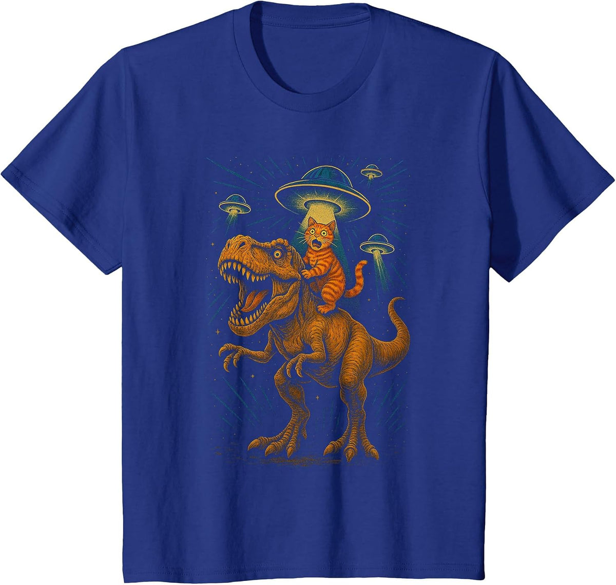 Funny Cat Riding T-Rex Dinosaur Graphic T-Shirt - Royal Blue