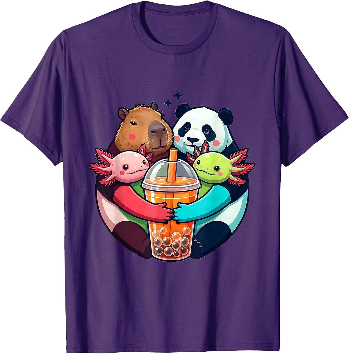 Men's Cute Chibi Capybara Panda Axolotl Boba Tea Kawaii Anime T-Shirt - Purple