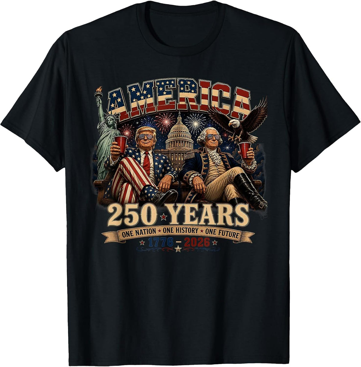 250 Years America Anniversary 250th Trump Washington Vintage T-Shirt - Black