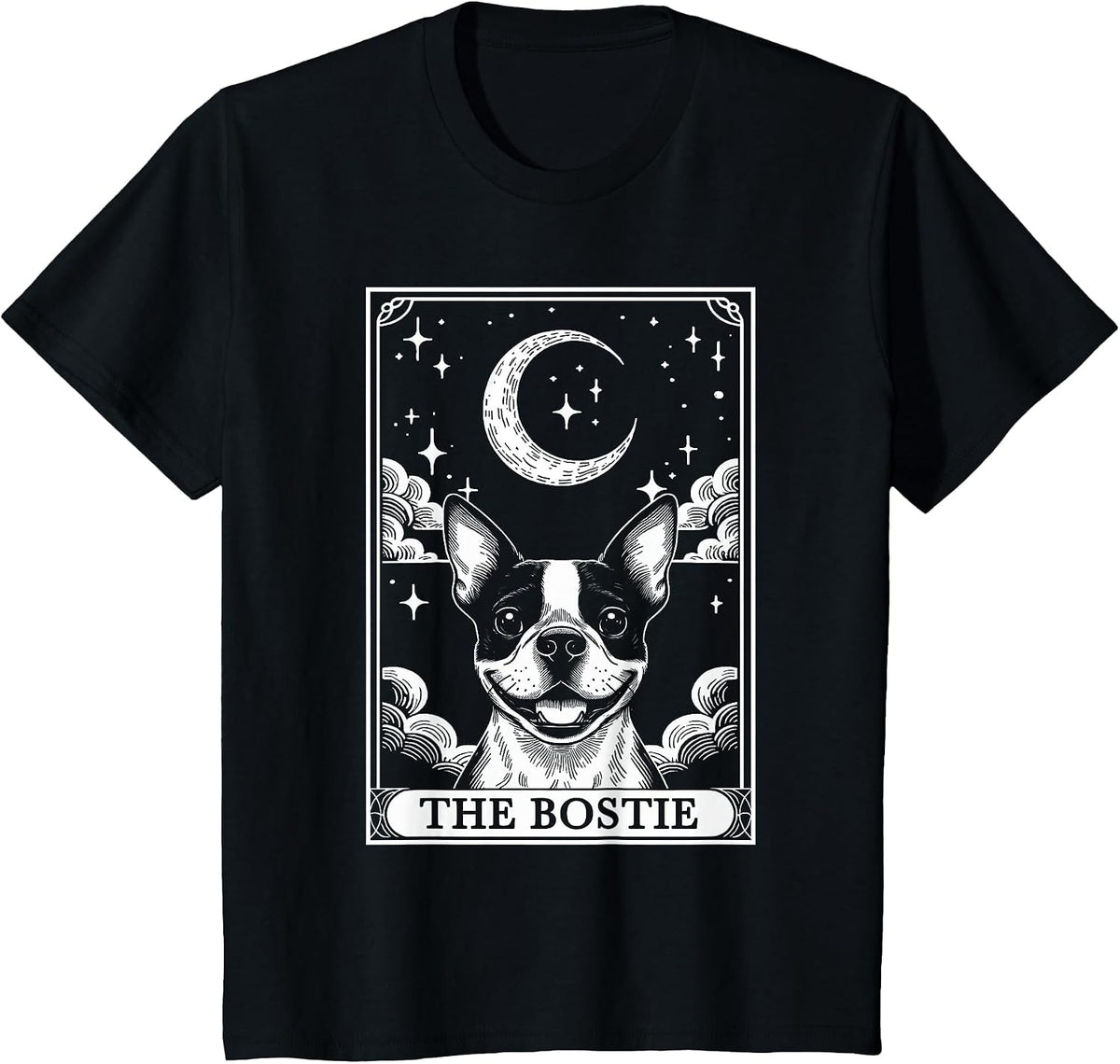 Tarot Card Vintage Crescent Moon Boston Terrier Dog Mom T-Shirt - Black