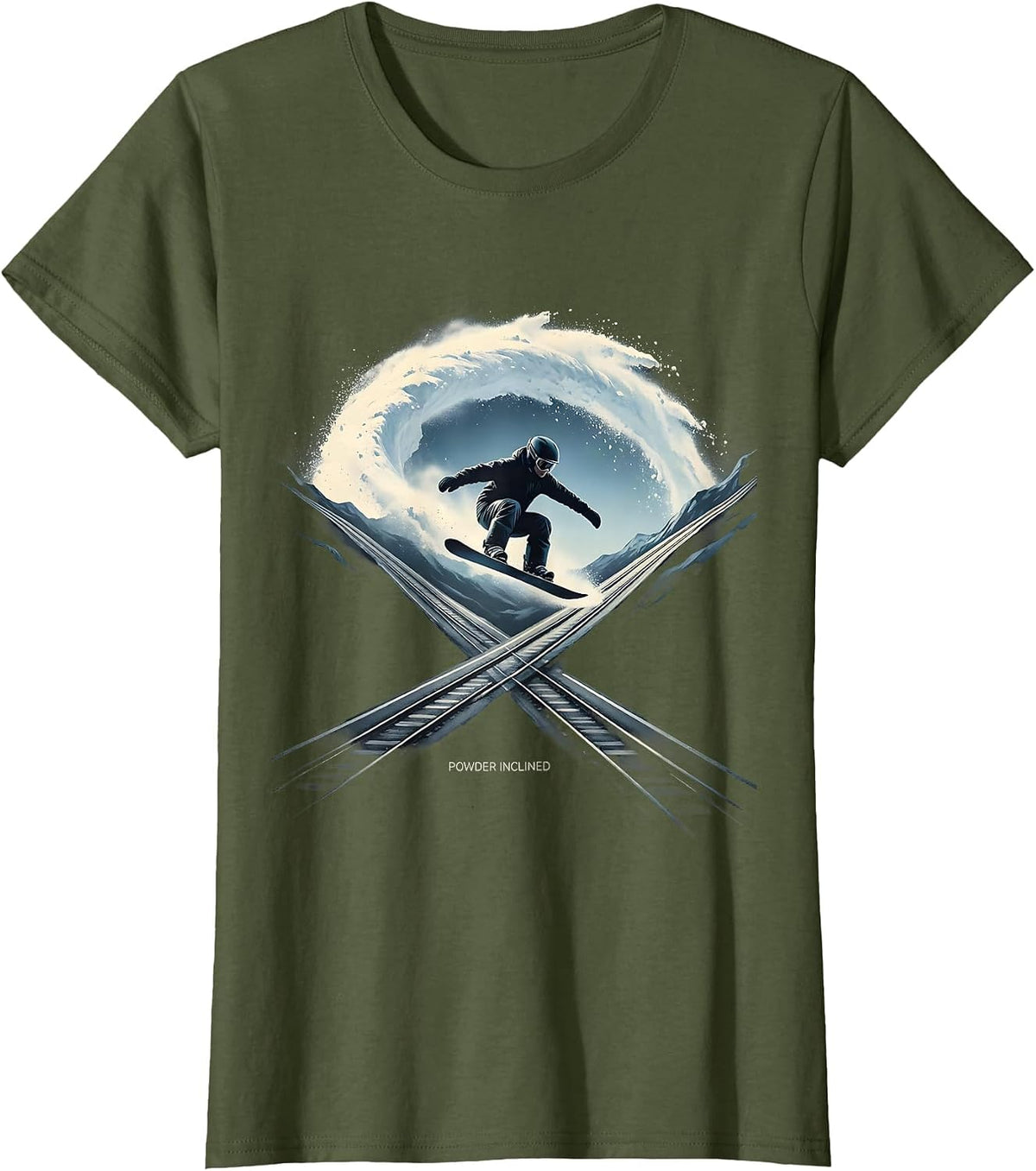 Women's Powder Inclined Minimalist Snowboarder Humor Winter Sports T-Shirt - Olive Green
