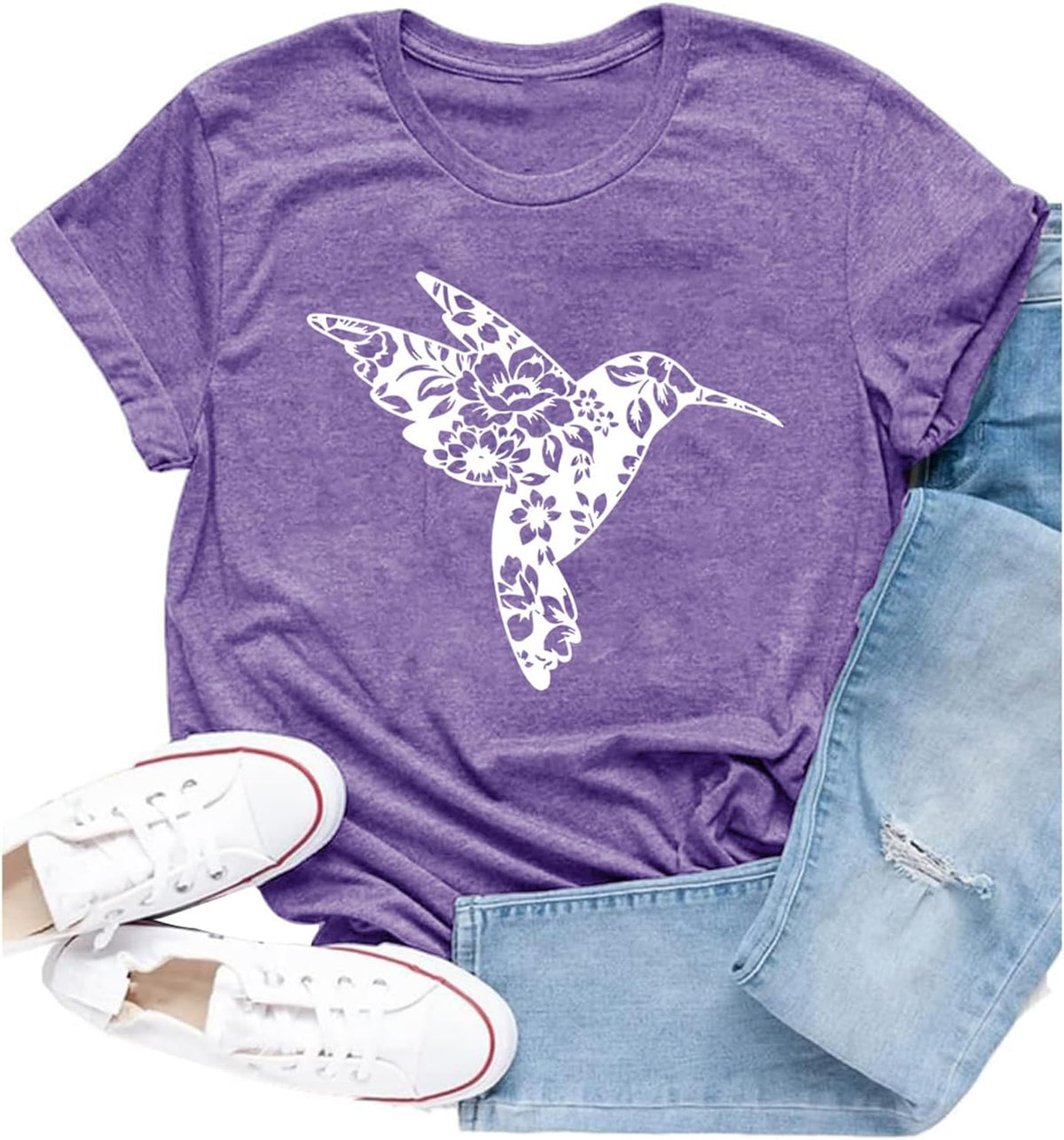 Women Hummingbird Shirt Funny Floral Bird Lover Birdwatching Tee - Purple