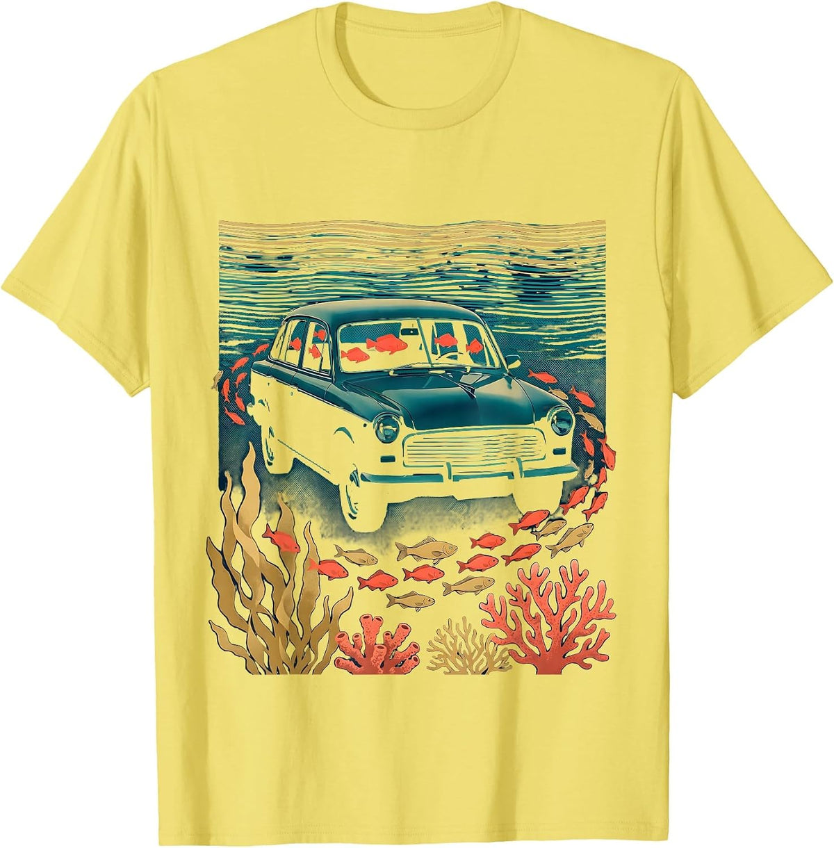 Men's Underwater Car Submerged Fish Swimming Through Windows T-Shirt - Lemon Yellow