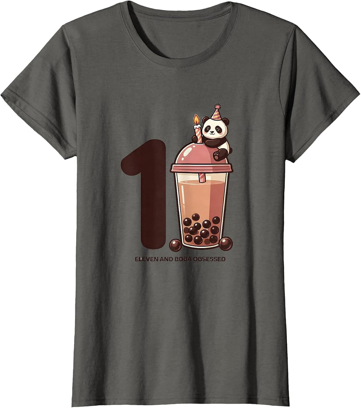 Women's Eleven And Boba Obsessed Cute Kawaii Panda Birthday Gift T-Shirt - Asphalt Grey
