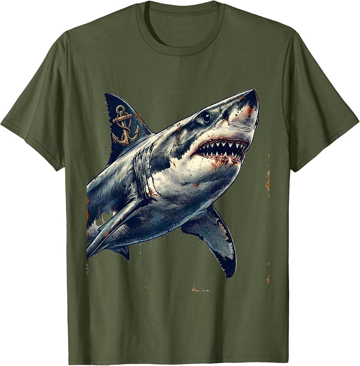 Shark With Anchor Tattoo Art Graphic Tee T-Shirt - Olive Green