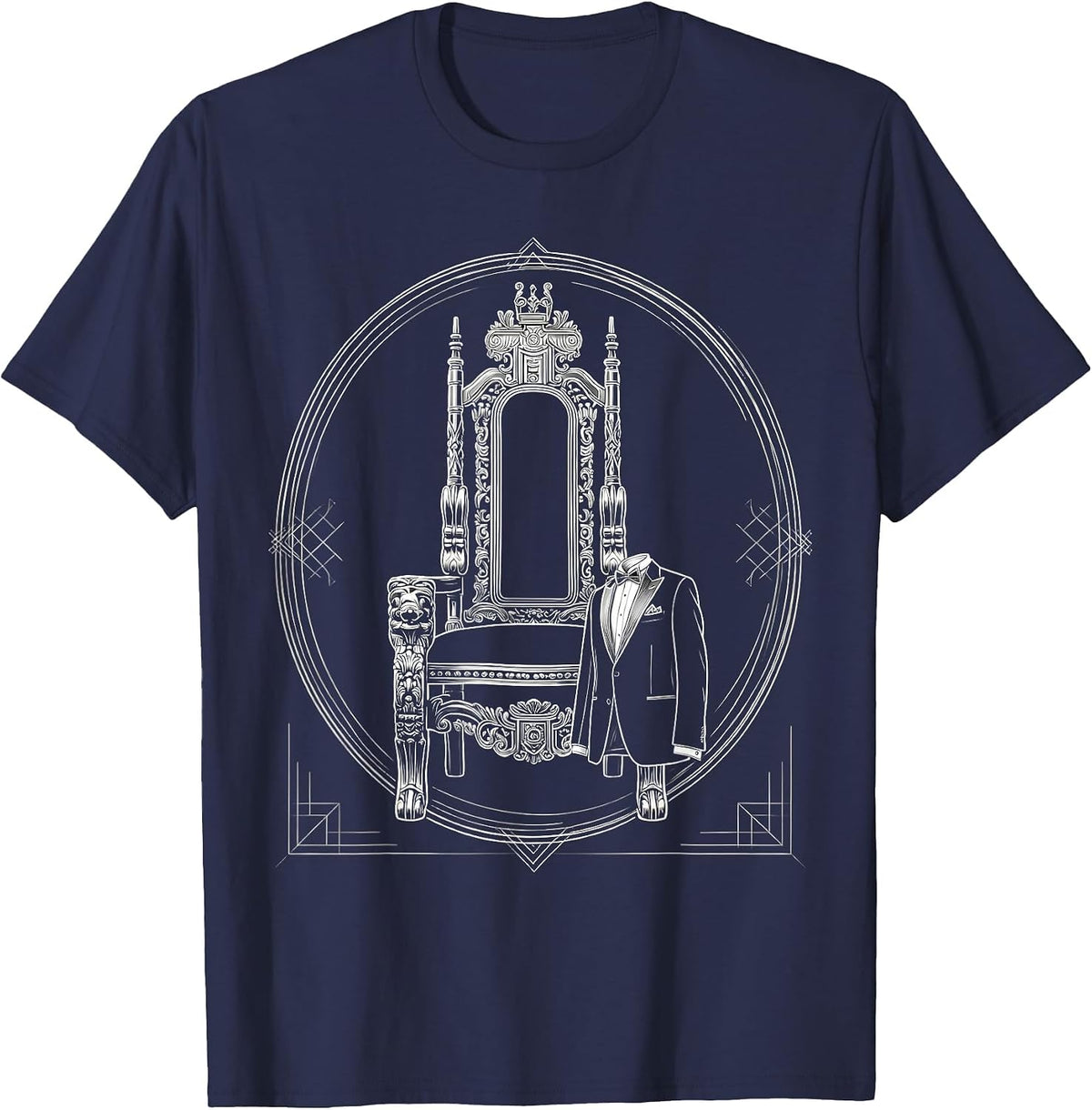 Tuxedo Jacket Draped Over Throne Chair Graphic T-Shirt - Navy Blue
