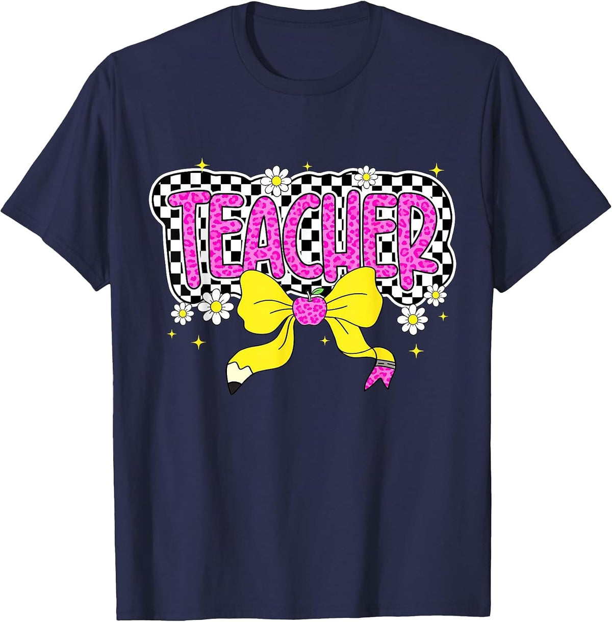 Retro Checkered Pink Bow Teacher Back to School T-Shirt - Navy Blue