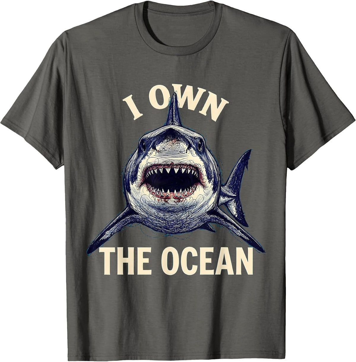 I Own The Ocean Bold Shark Graphic Design T-Shirt - Asphalt Grey