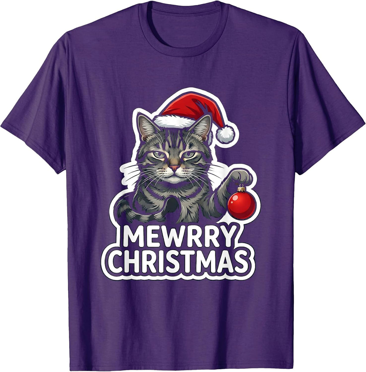 Men's Mewrry Christmas Funny Cat Lover Holiday Humor Sticker T-Shirt - Purple