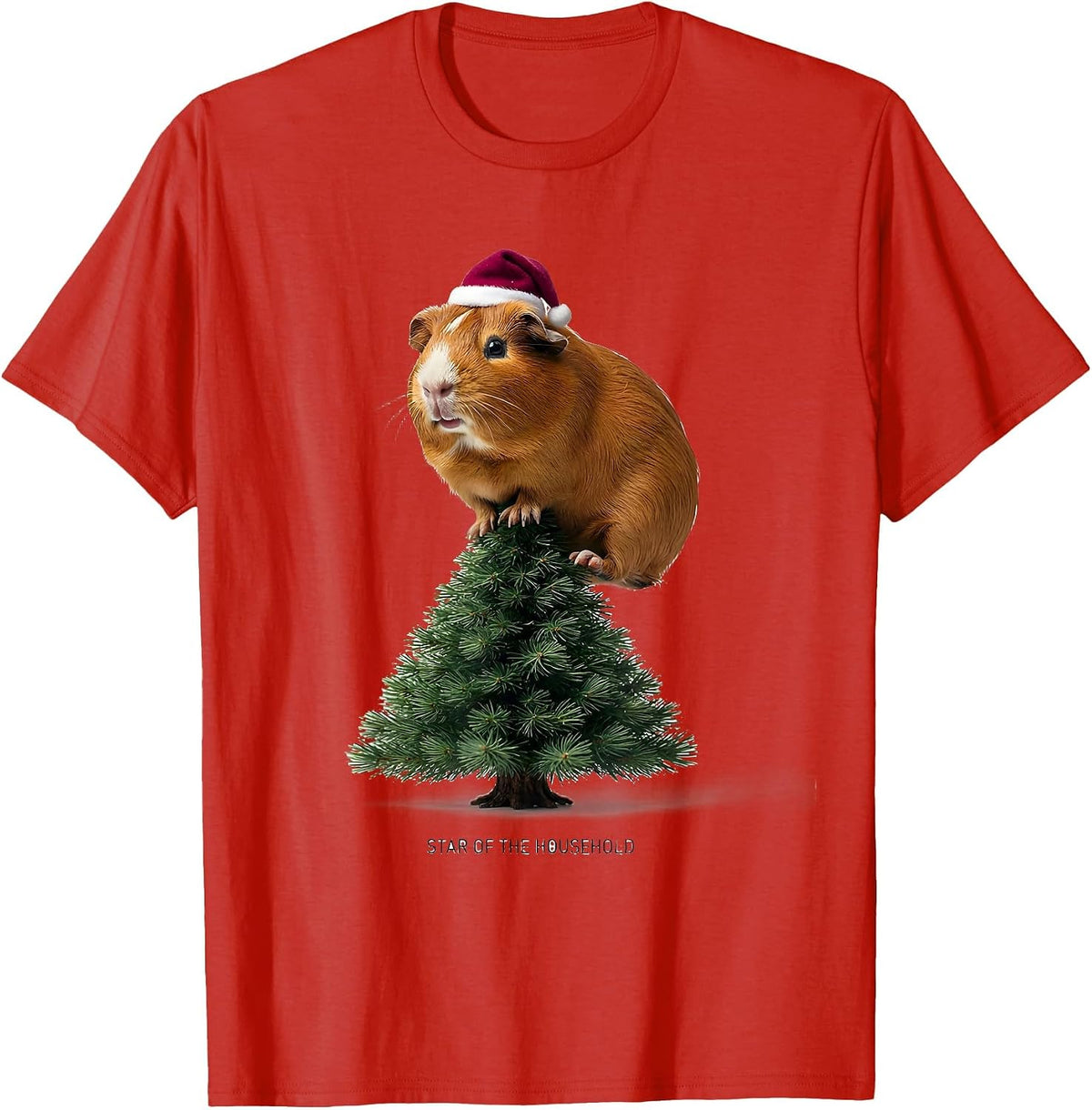 Men's Star Of The Household Funny Guinea Pig Christmas Santa Hat T-Shirt - Red