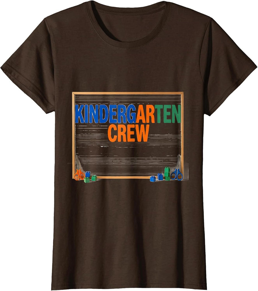 Women's Kindergarten Crew Colorful Teacher Humor Preschool Grade T-Shirt - Brown
