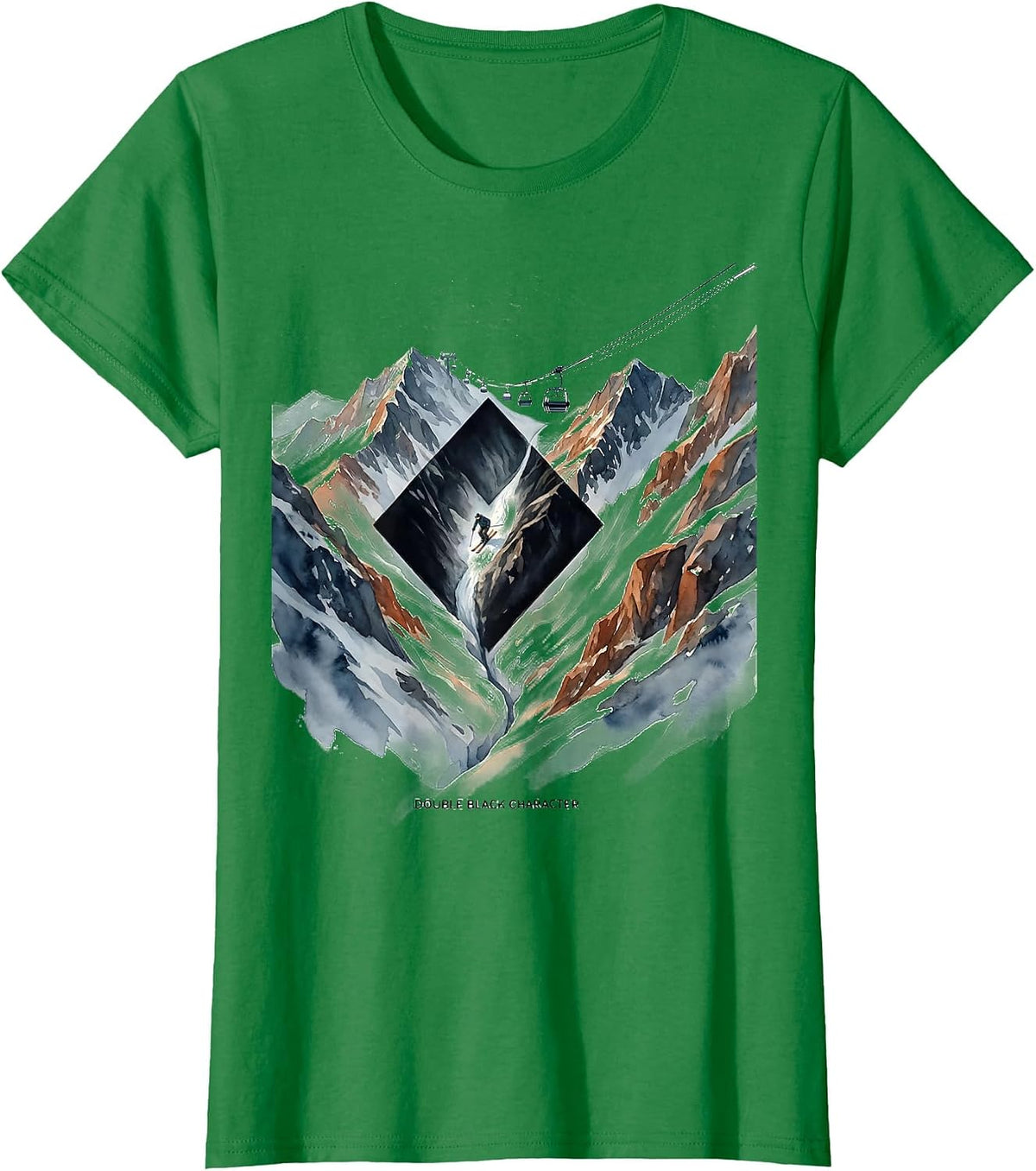 Women's Double Black Character Funny Ski Snowboarder Winter Sports T-Shirt - Kelly Green
