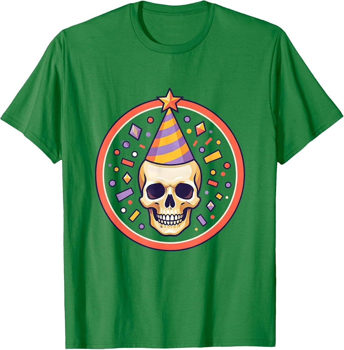 Men's Birthday Squad Skull Party Hat Confetti Design T-Shirt - Kelly Green