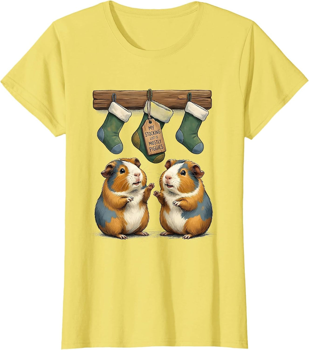 Women's My Stocking List Is Mostly Piggies Storybook Guinea Pig T-Shirt - Lemon Yellow