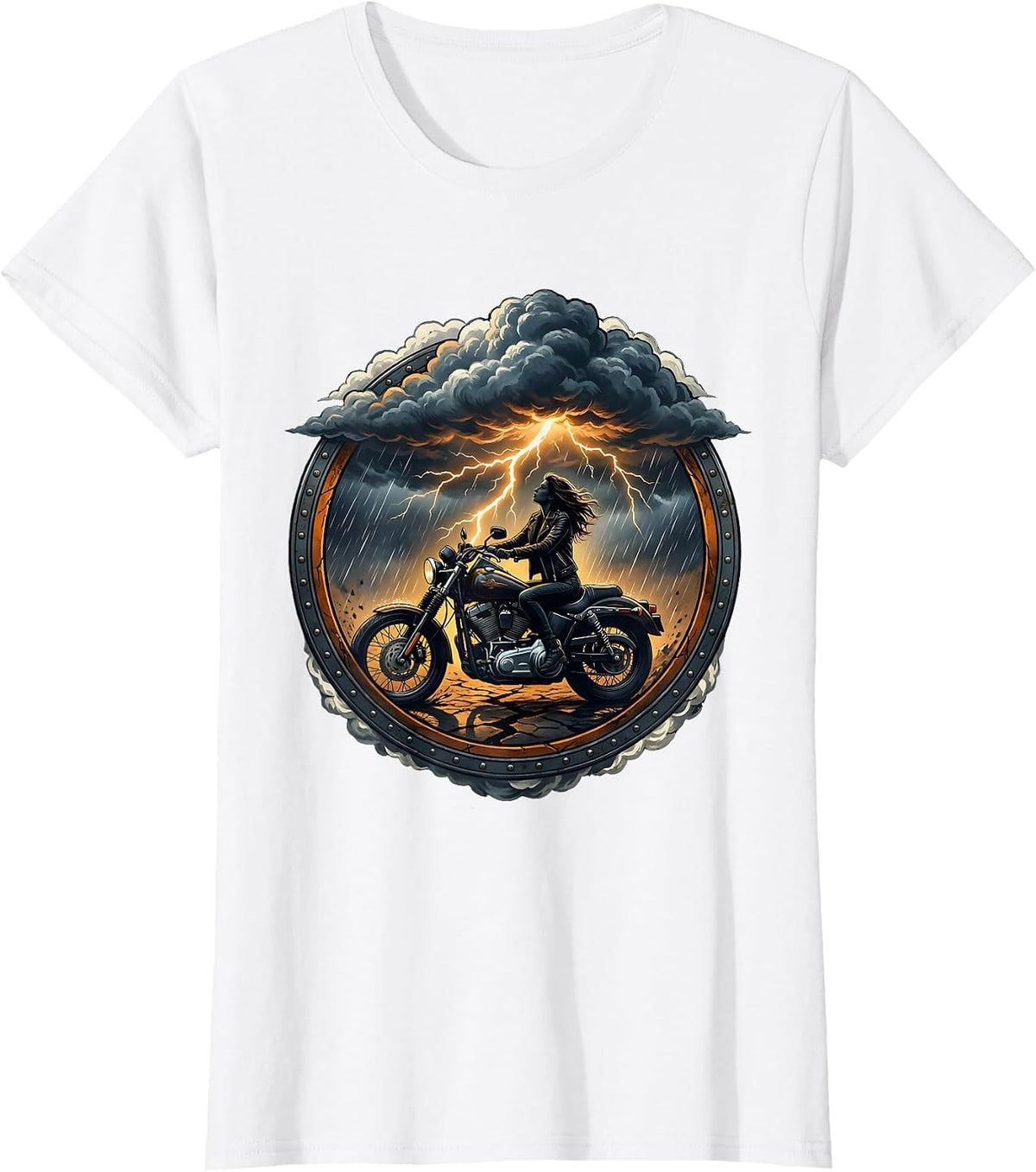 Biker Storm Chaser Lightning Strike Graphic T-Shirt - White